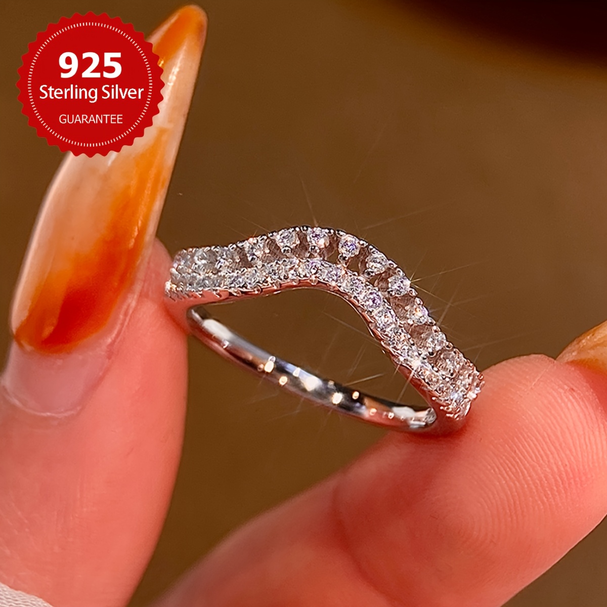 Silver Crown Ring Double Row CZ Band